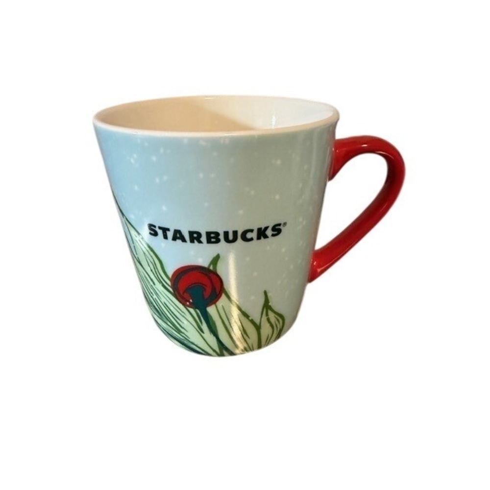 Starbucks 2020 Holiday 18 oz. Ceramic Coffee Mug red handle holly green leaves